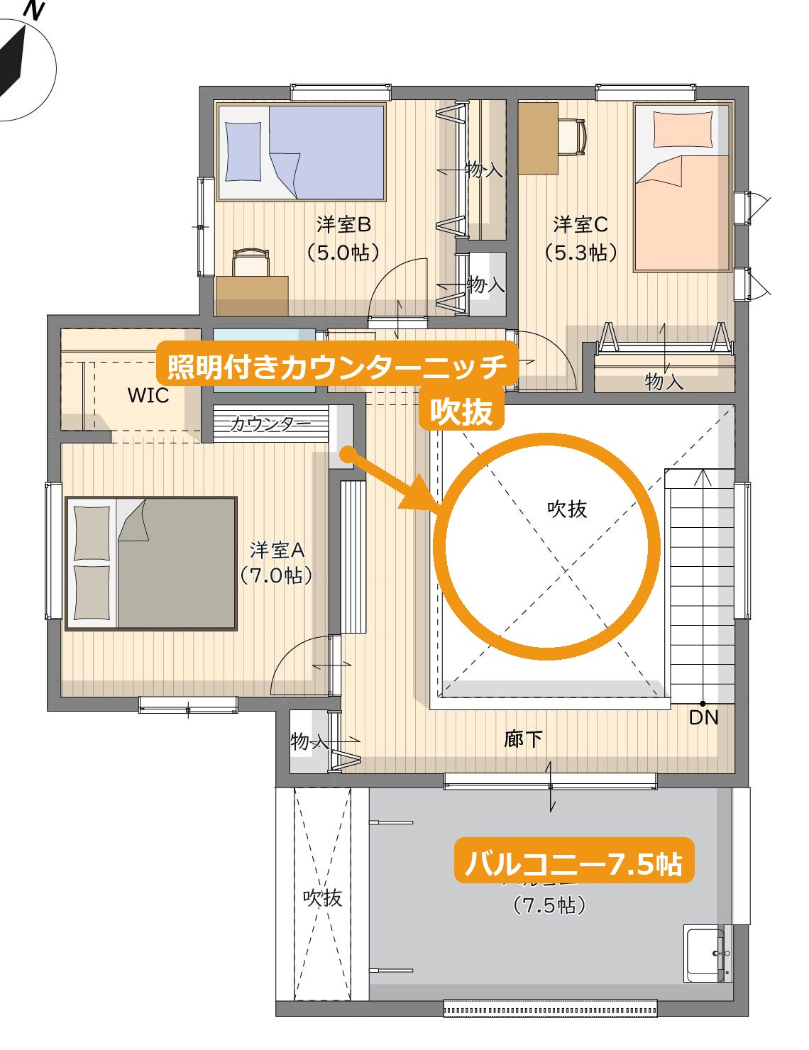 吹き抜けと各居室の配置を示した2階間取り図